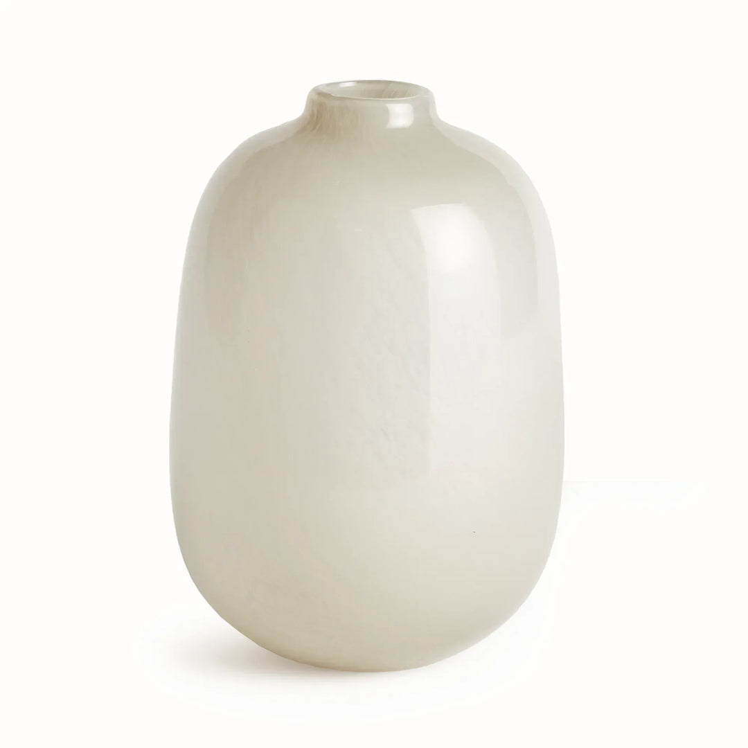 Tall Ivory glass vase with elongated rounded body, small circular neck and neutral color against white, Modern Organic style