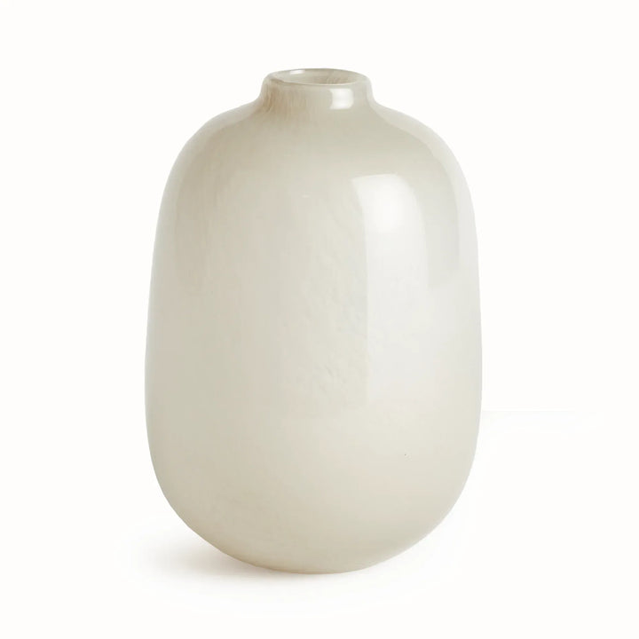 Tall Ivory glass vase with elongated rounded body, small circular neck and neutral color against white, Modern Organic style