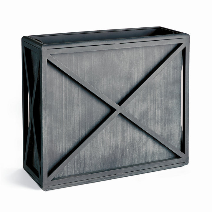 Tall rectangular outdoor metal planter with aged zinc finish and X-frame iron detailing – Transitional outdoor planter