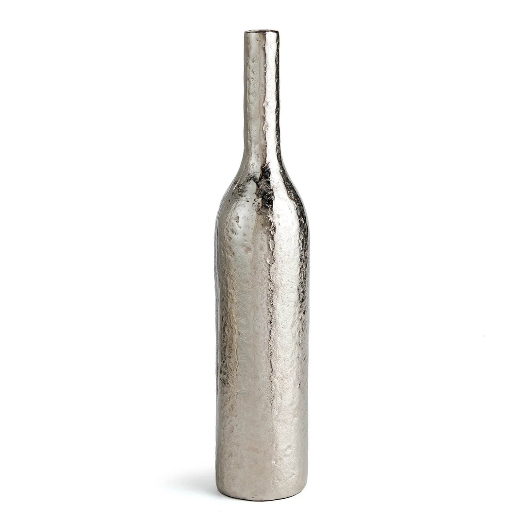 Tall silver hammered aluminum vase with slender bottle silhouette on white background.


