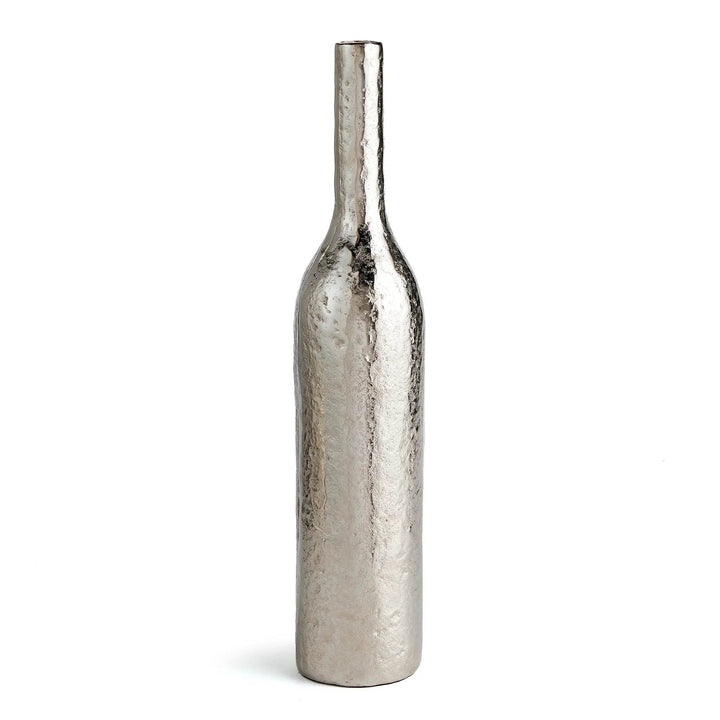 Tall silver hammered aluminum vase with slender bottle silhouette on white background.


