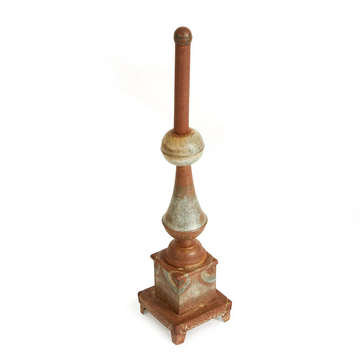 Tall weathered metal decorative finial with antique galvanized finish shown on white background, home decor accent for mantels – Vintage Farmhouse.

