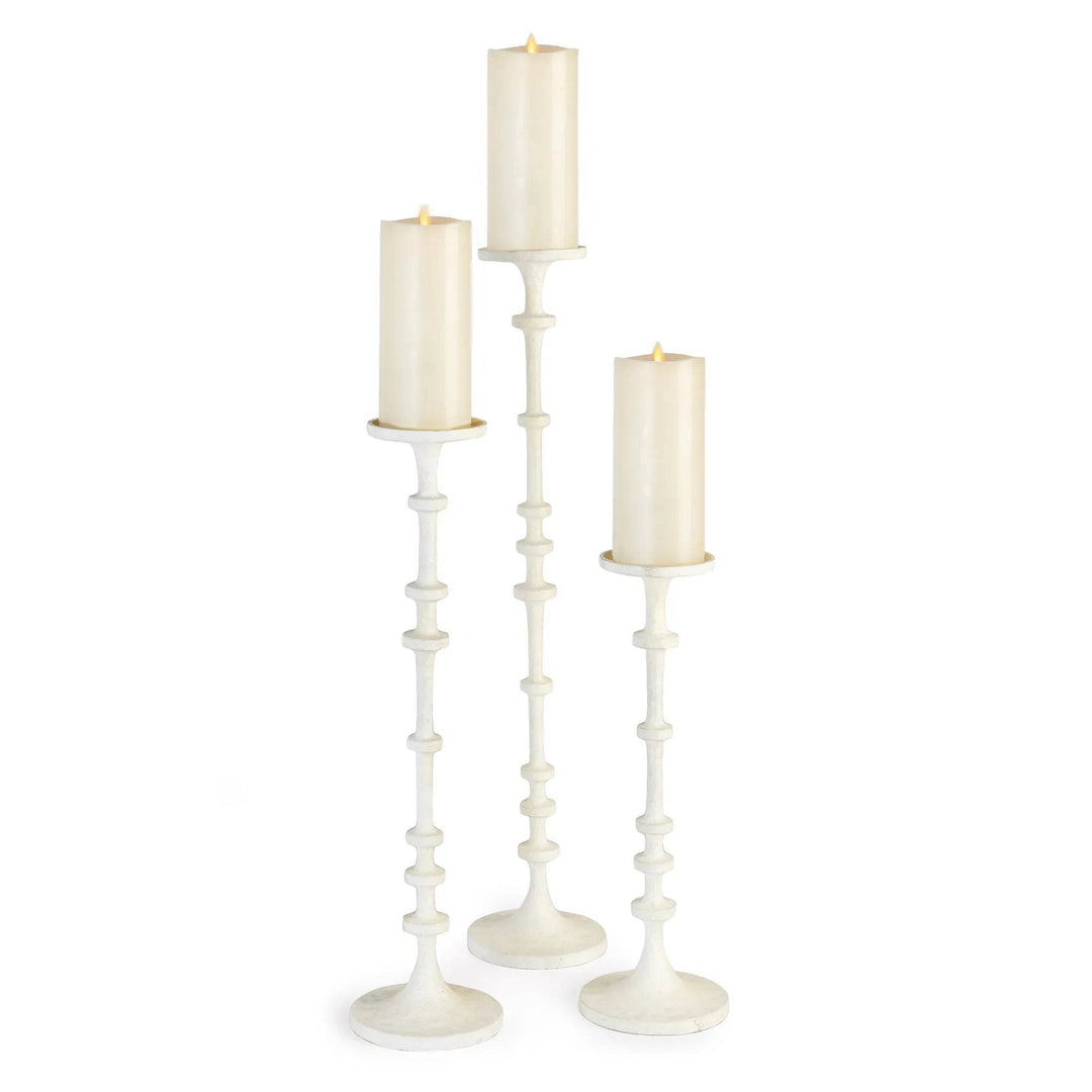 Tall white aluminum pillar candle stands with abacus-inspired stems, set of three with LED pillars for mantel or console styling – Modern Farmhouse.