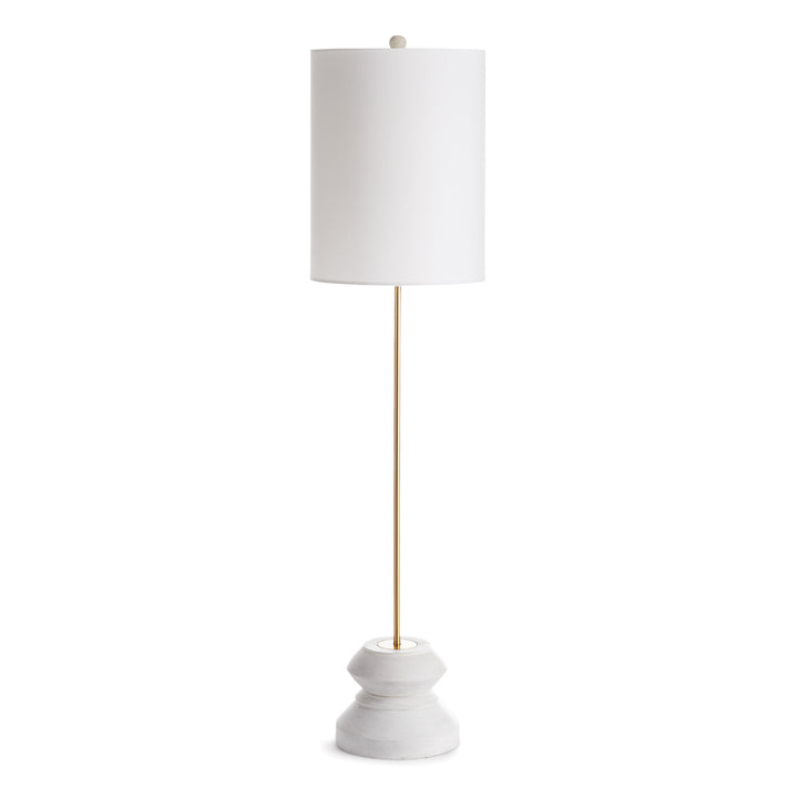 Studio image of tall whitewashed wood table lamp with iron stem and white linen shade