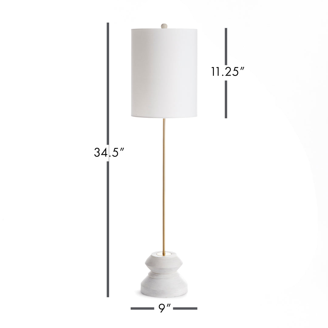 Tall whitewashed wood table lamp with geometric base and dimensions shown for size reference
