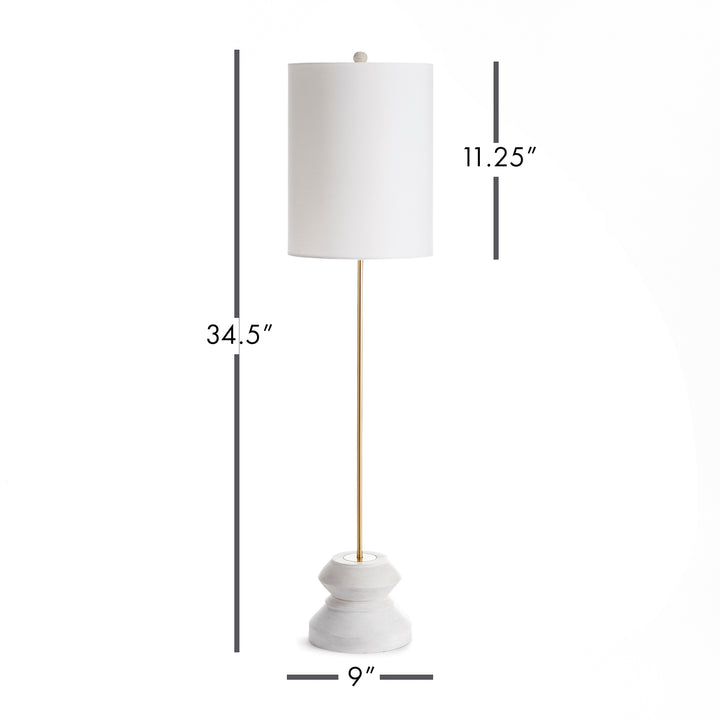 Tall whitewashed wood table lamp with geometric base and dimensions shown for size reference
