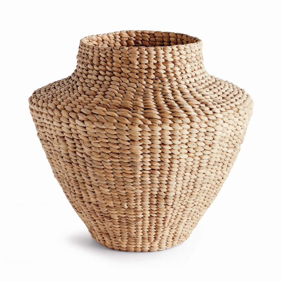 Tamsin water hyacinth urn with broad rounded shoulders, raised open neck and tapered body on a plain background. Coastal