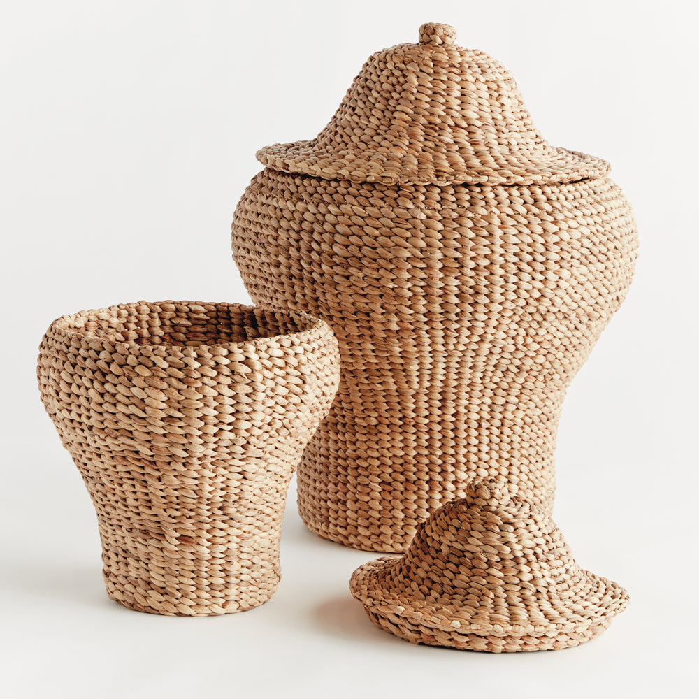 Tamsin woven ginger jar pair with the smaller lid removed beside the open small jar and larger closed jar in tan. Coastal