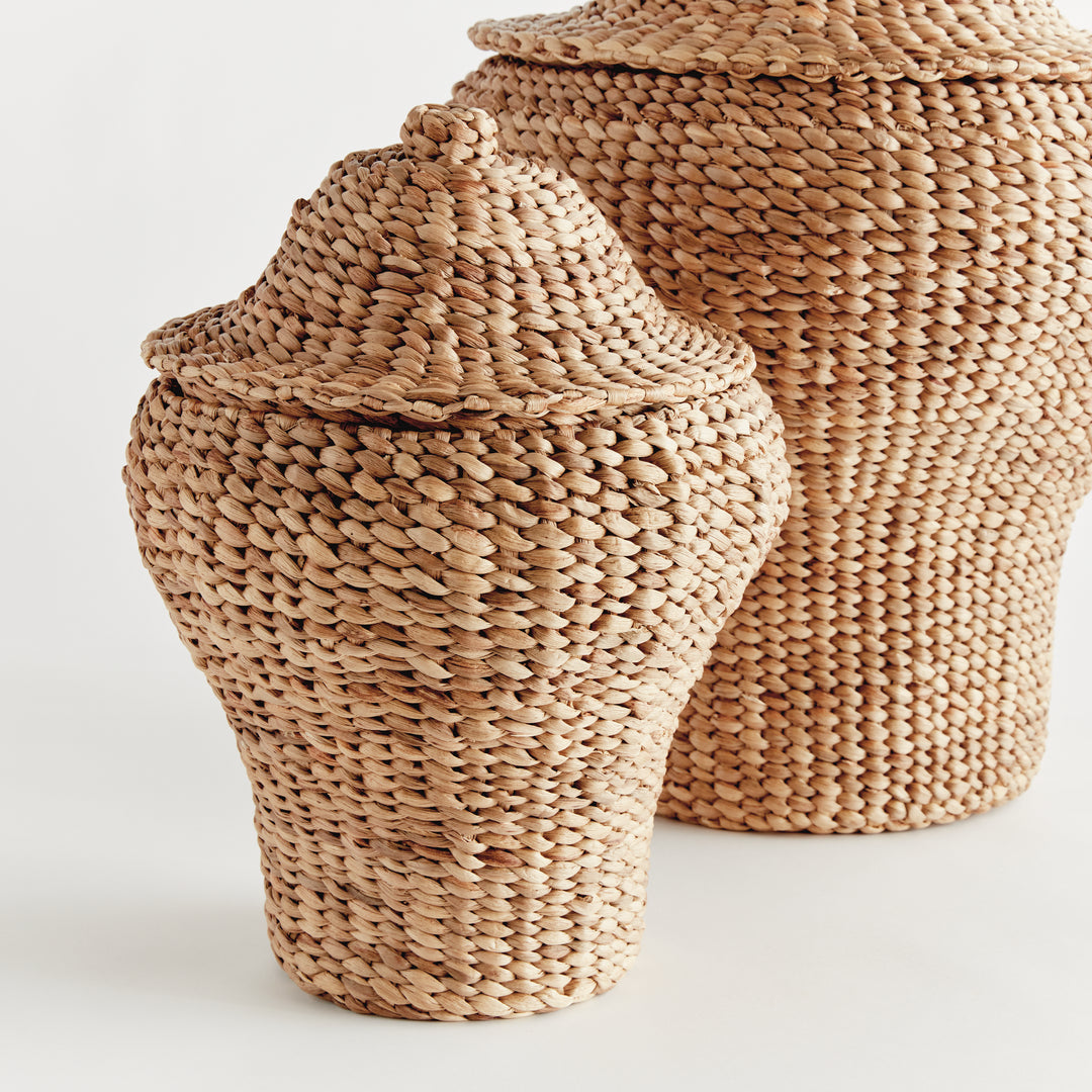 Detail of Tamsin small ginger jar with shaped lid and textured water hyacinth weave beside the larger matching jar. Coastal