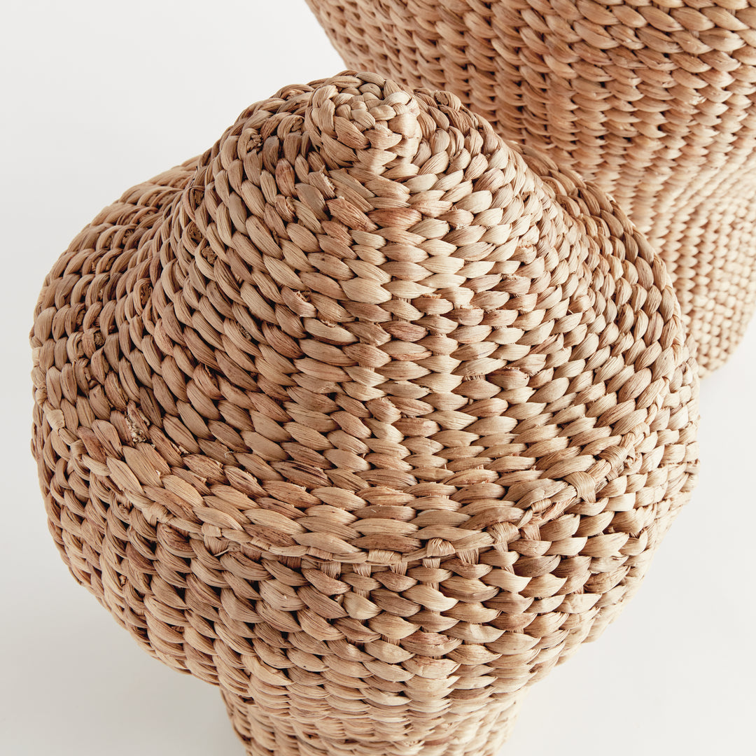 Top close view of Tamsin ginger jar showing the rounded woven lid, small knob and natural water hyacinth texture. Coastal