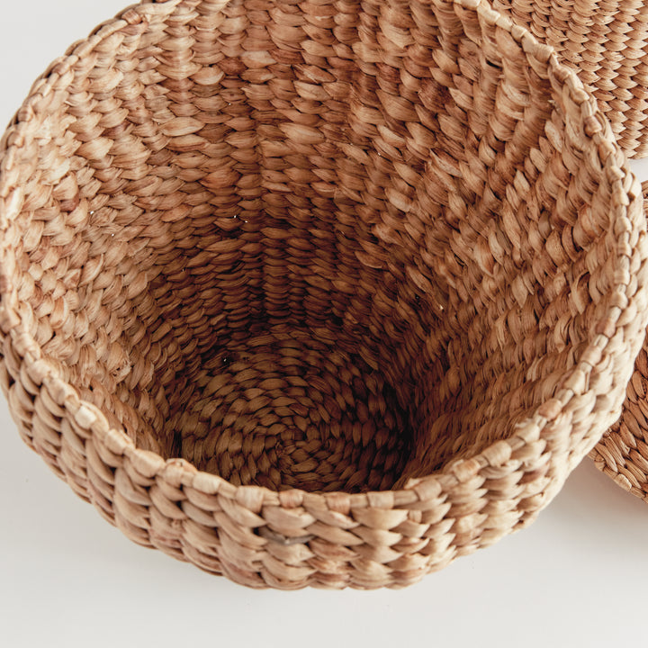 Interior view of Tamsin open ginger jar showing natural woven walls, rounded base and thicker water hyacinth rim. Coastal