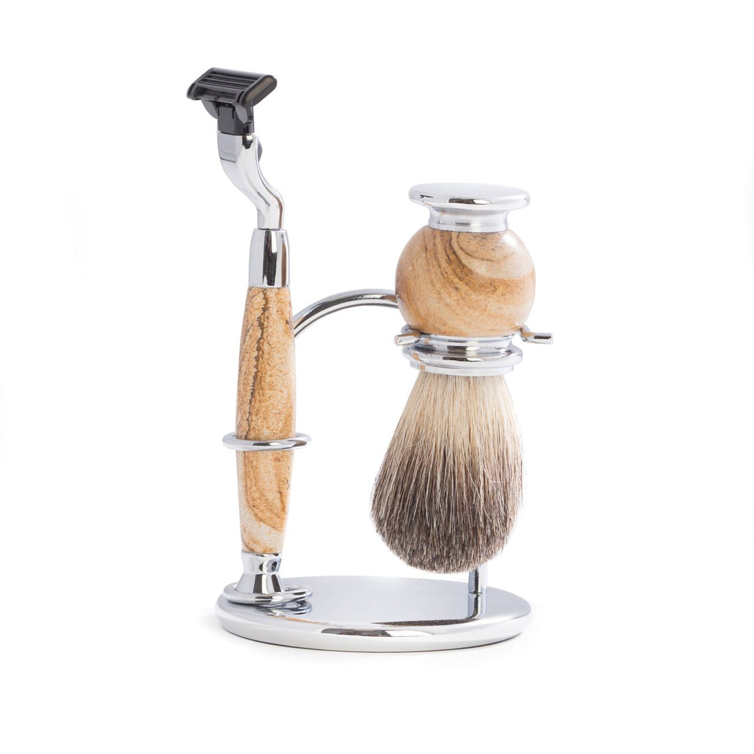 Tan stone handle razor and pure badger brush set on a polished chrome stand; includes one Mach3-compatible blade for men’s grooming.