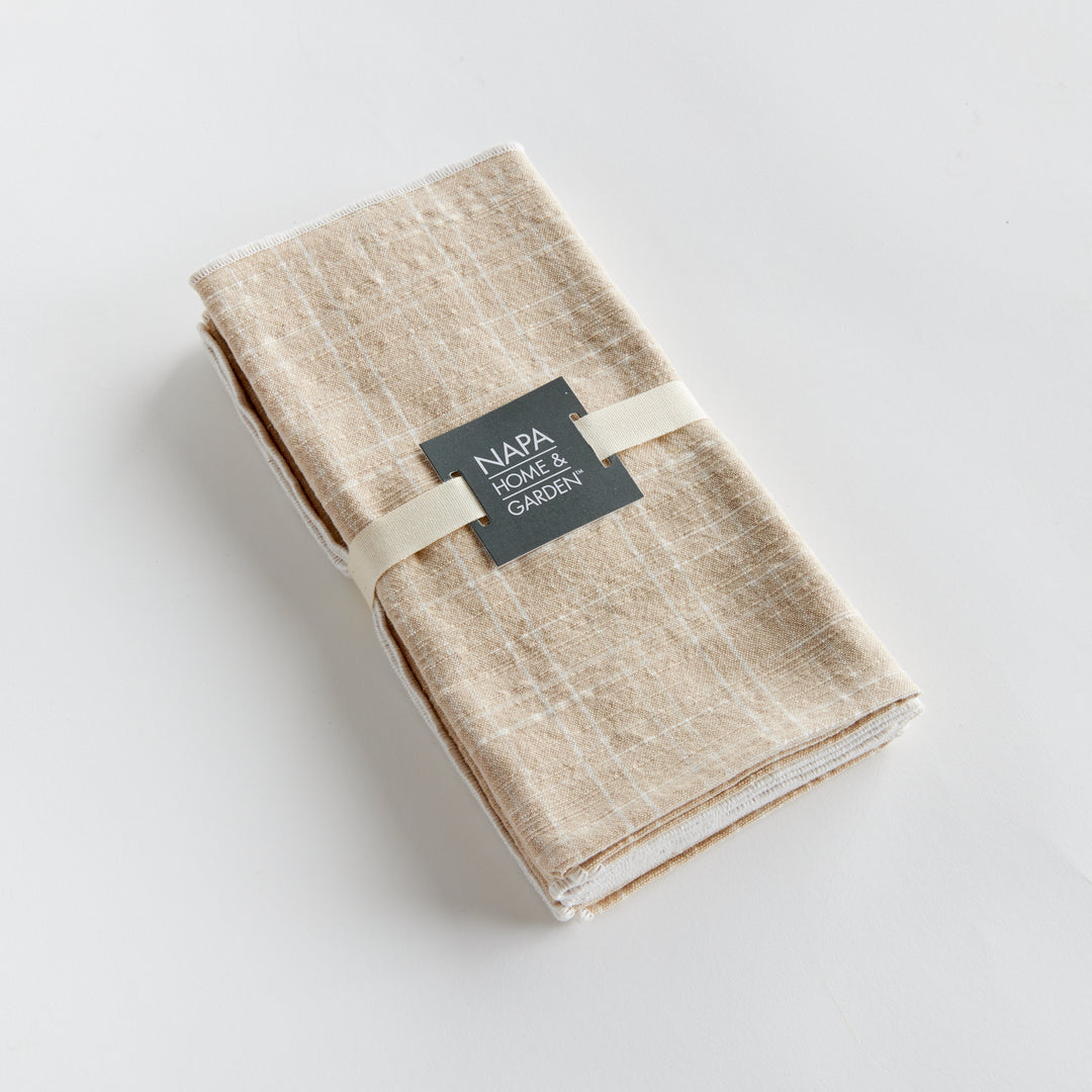 Set of four taupe cotton dinner napkins bundled with grosgrain ribbon, subtle arch grid weave for tables – Modern Organic.