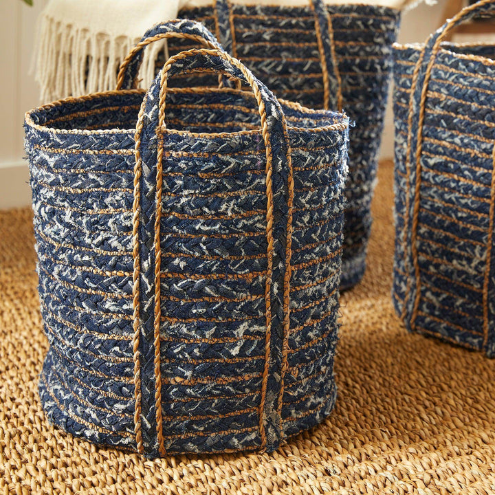 Close view of recycled denim rope baskets showing side texture and looped carry handles

