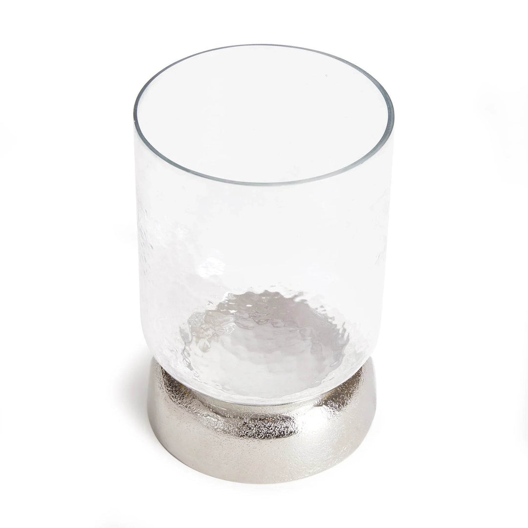 Top-down view of small hurricane showing circular glass rim and thick hammered texture – Transitional Modern

