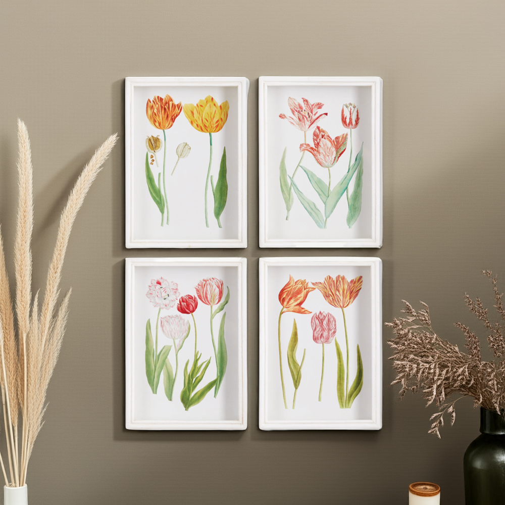Framed tulip wall prints on taupe wall with pampas grass and ceramic accents, styled for cozy interiors – Cottage Garden

