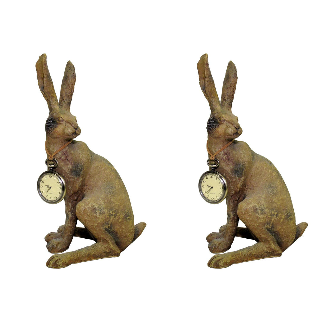 Set of 2 vintage-style rabbit sculptures with pocket watches – charming Easter or spring mantel decor with rustic finish
