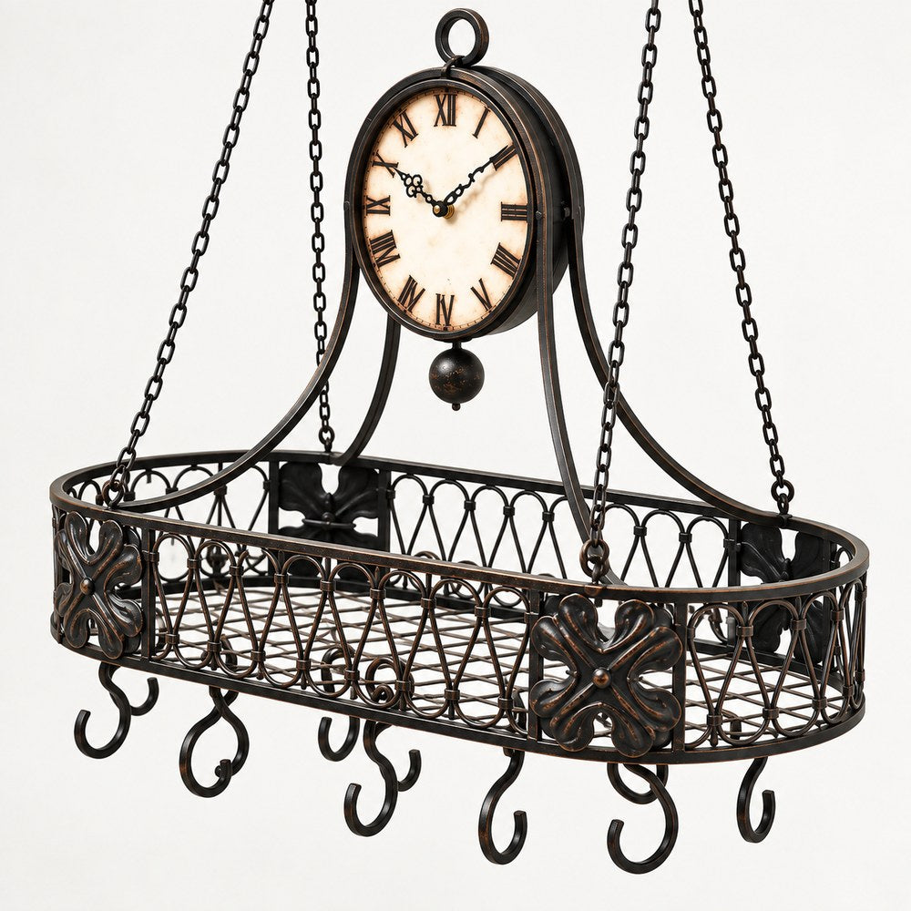 Three-quarter view of vintage black metal hanging wall clock with basket and hooks