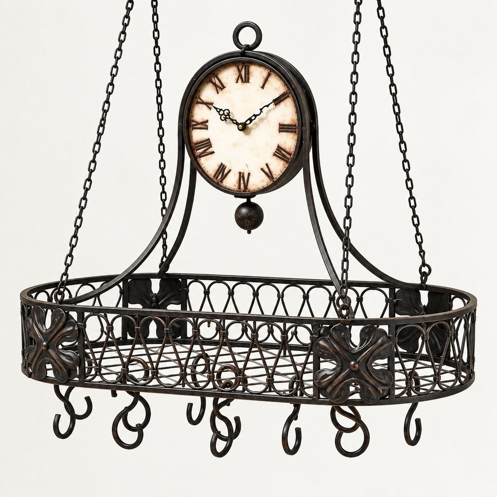 Vintage black metal hanging wall clock with decorative basket and hooks