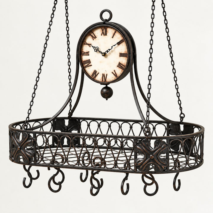 Vintage black metal hanging wall clock with decorative basket and hooks