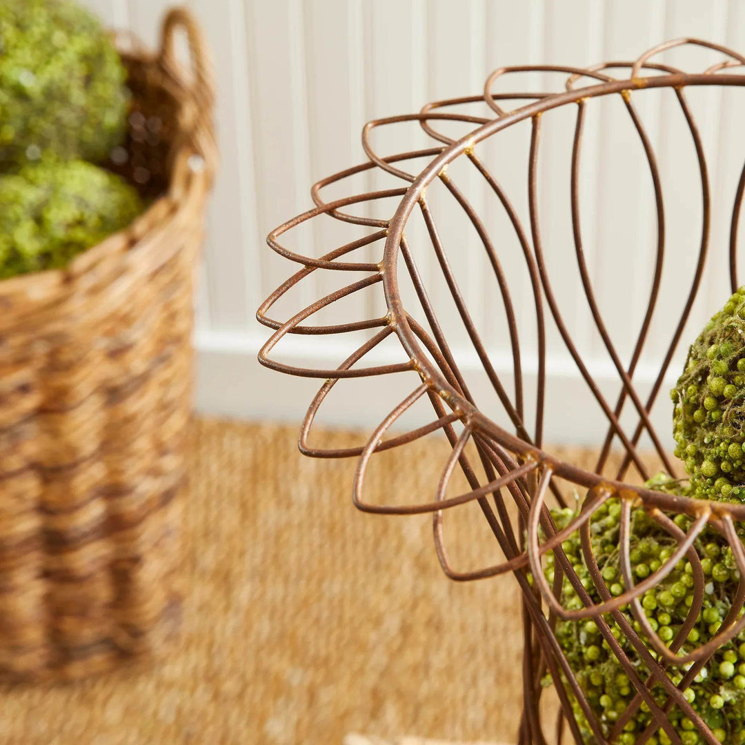 Tall wire vase styled in natural farmhouse setting with jute rug and wainscoting – Vintage Farmhouse style