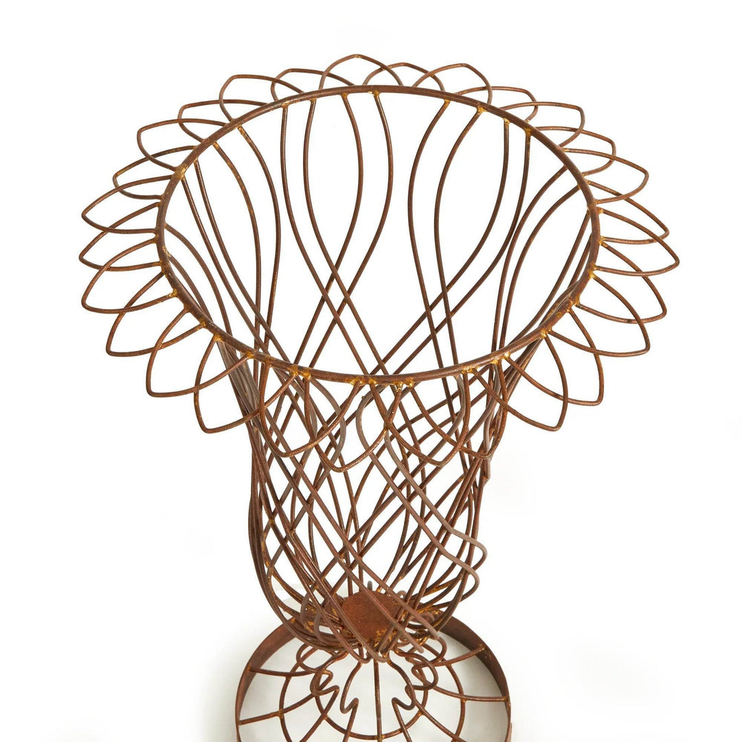 Overhead angle showing petal-shaped rim and open weave of wire vase – Vintage Farmhouse style