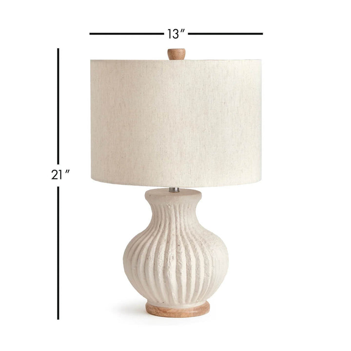 Measurement view of handcrafted wabi sabi lamp showing 21 inch height and 13 inch width with proportional scale