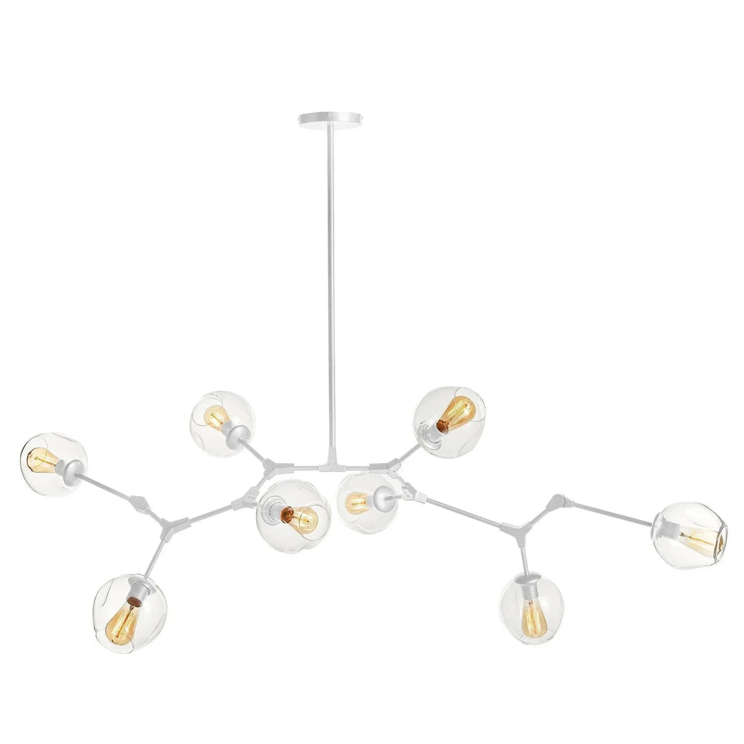 White globe chandelier with branching arms, clear spherical glass shades and a slim rod on white, Mid-Century Modern style