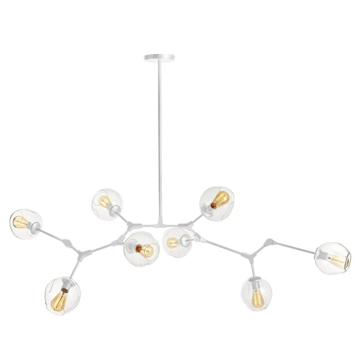 White globe chandelier with branching arms, clear spherical glass shades and a slim rod on white, Mid-Century Modern style