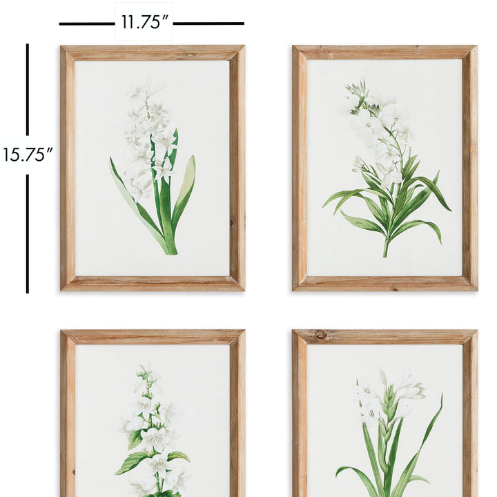 Framed floral prints with white and green botanical art measured for scale against wall