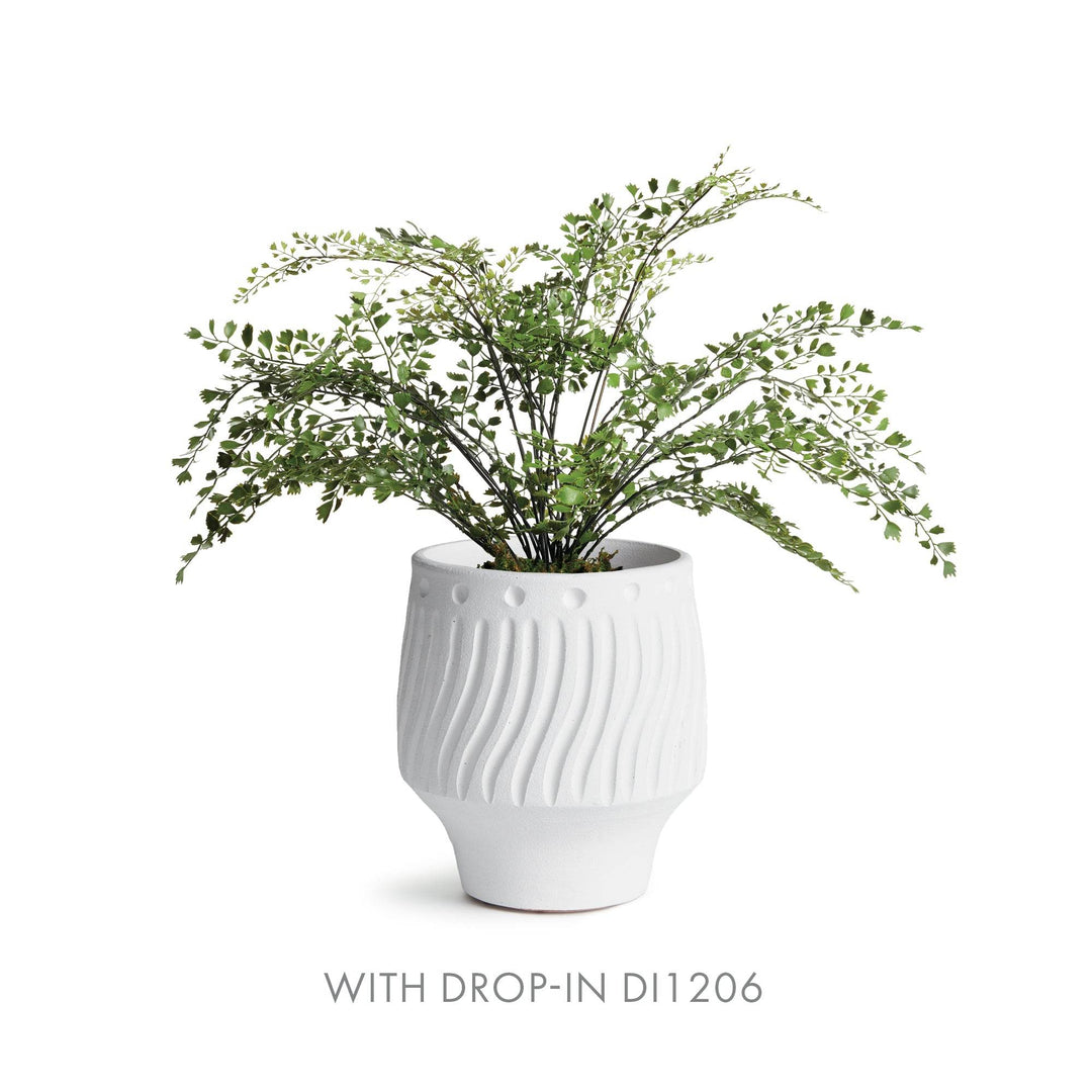 Matte ceramic cachepot with faux maidenhair drop-in, showing styling scale and natural fit for greenery – Modern Organic.

