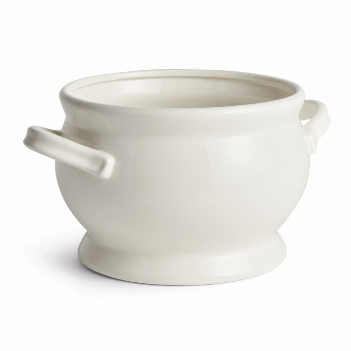 White ceramic decorative footed bowl with loop handles and rounded sides, shown empty against a white backdrop - Traditional