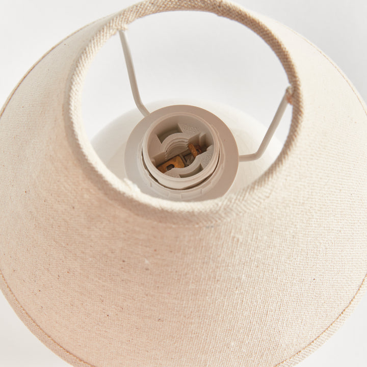 White ceramic mini table lamp viewed from above, showing the open linen shade and central bulb socket - Coastal Transitional