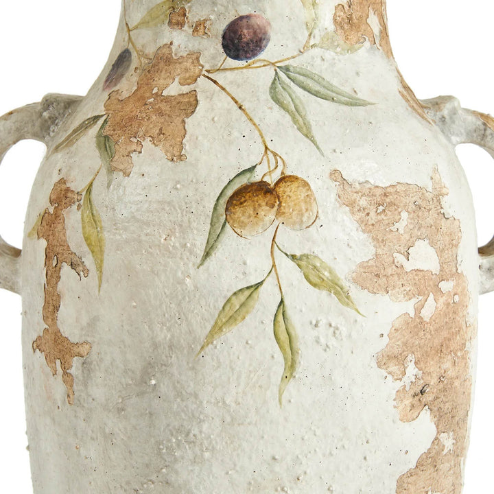Distressed surface closeup of white ceramic urn, emphasizing the hand-applied glaze, aging, and flake texture.