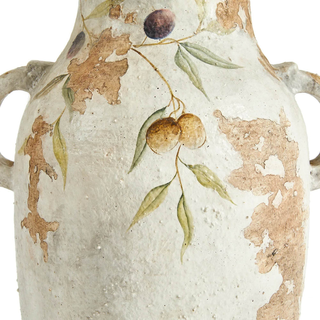 Distressed surface closeup of white ceramic urn, emphasizing the hand-applied glaze, aging, and flake texture.