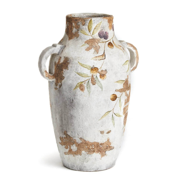 White ceramic pot with twin side handles, shown in full frontal view with distressed patches and olive branch detailing.