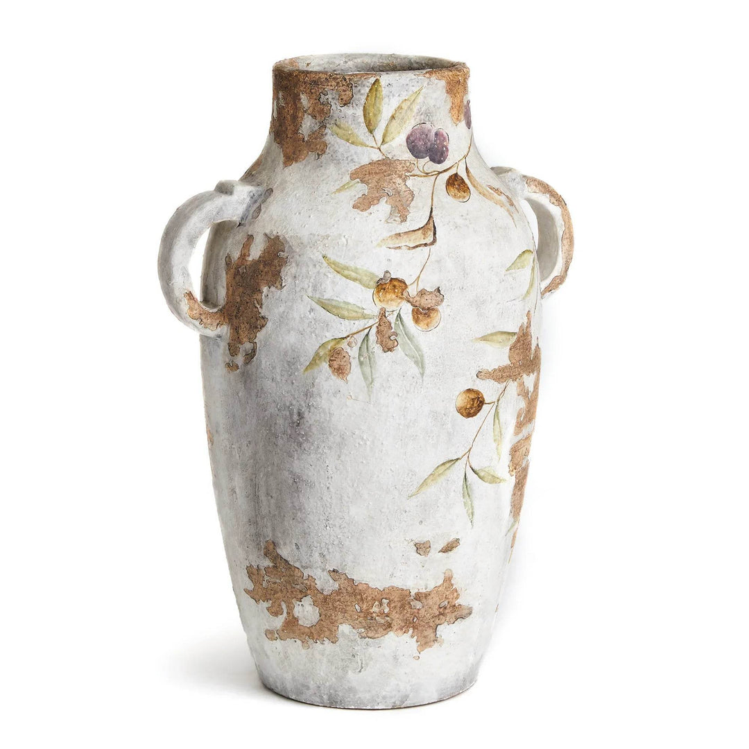White ceramic pot with twin side handles, shown in full frontal view with distressed patches and olive branch detailing.