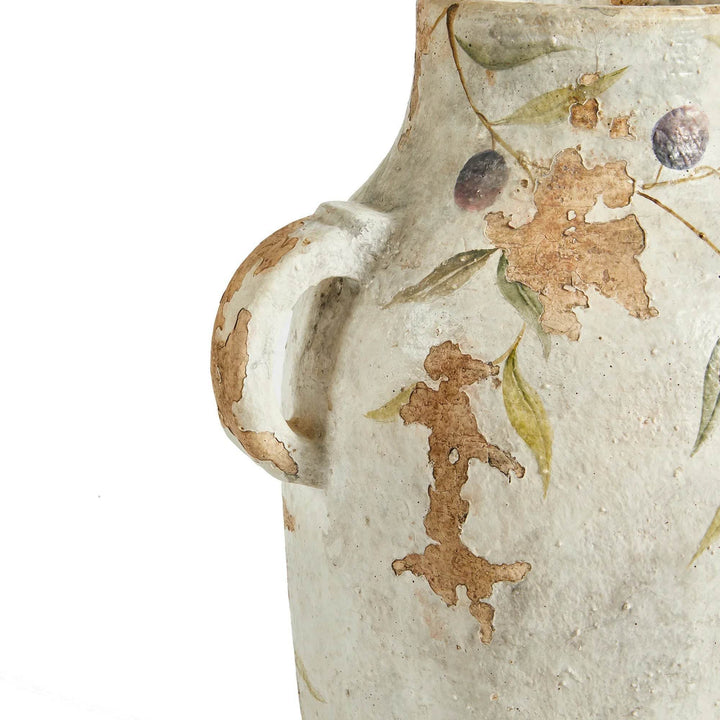 Side handle detail of white ceramic pot, showing cracked glaze and natural patina from artisan hand-finishing.
