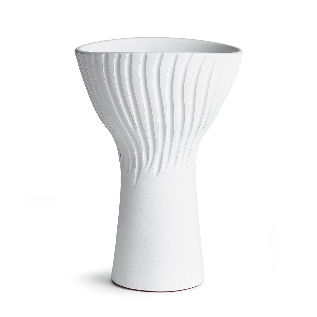 White fluted ceramic vase, 14 inch tall – matte finish front view