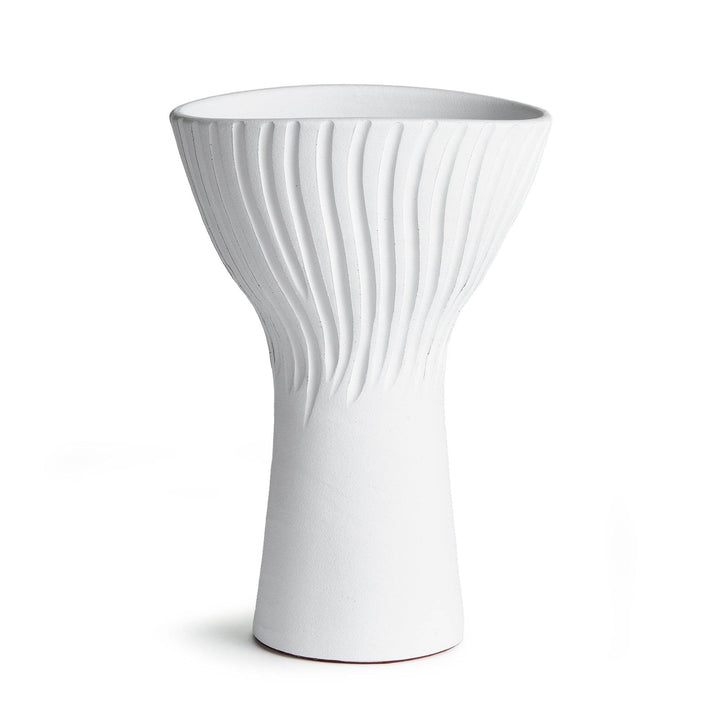 White fluted ceramic vase, 14 inch tall – matte finish front view