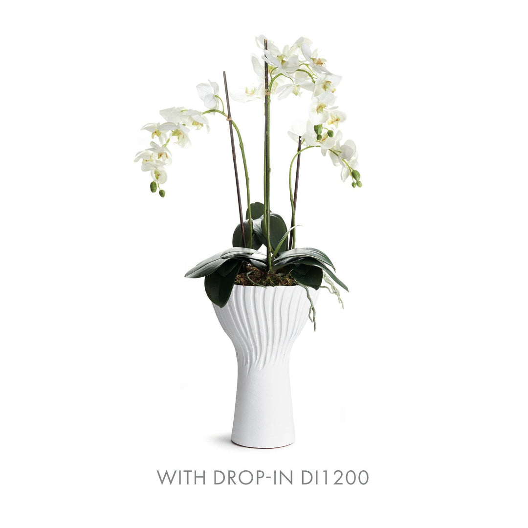 14 inch white ceramic vase styled with white orchid drop-in DI1200
