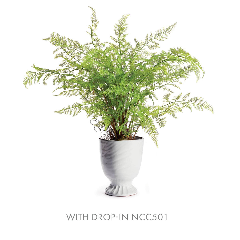 Angled view of white terra cotta urn with pedestal foot and wide mouth, sized for faux botanicals or styling accents – Transitional.

