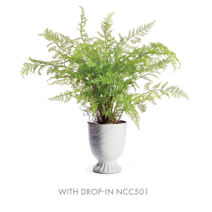Angled view of white terra cotta urn with pedestal foot and wide mouth, sized for faux botanicals or styling accents – Transitional.

