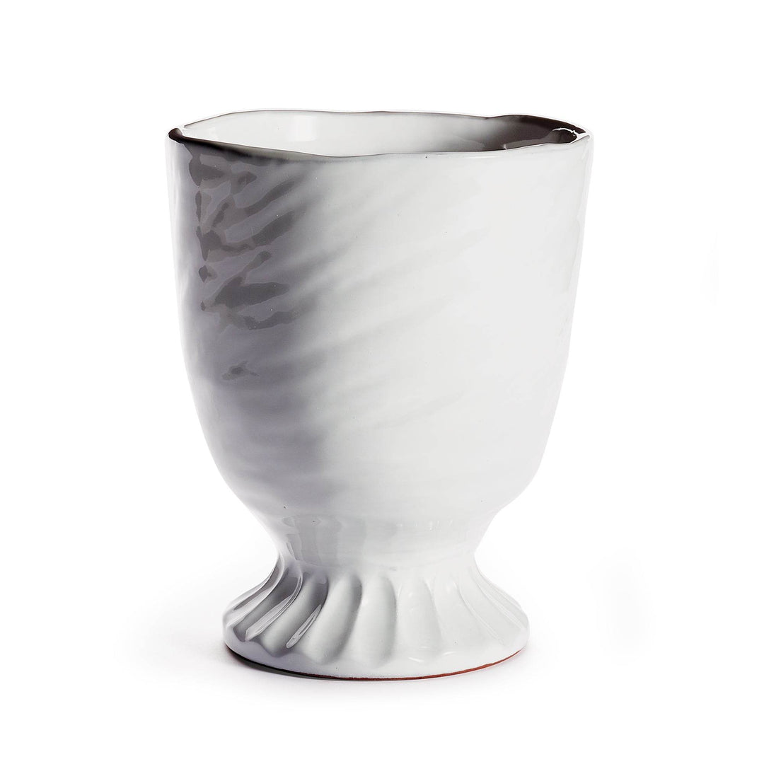 White terra cotta footed urn with matte glaze and fluted base, handcrafted for drop-in or shelf use – Transitional style.

