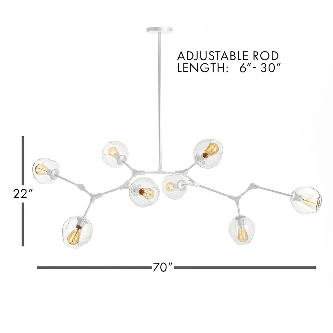 White globe chandelier diagram showing overall span, fixture height and adjustable suspension rod, Mid-Century Modern style