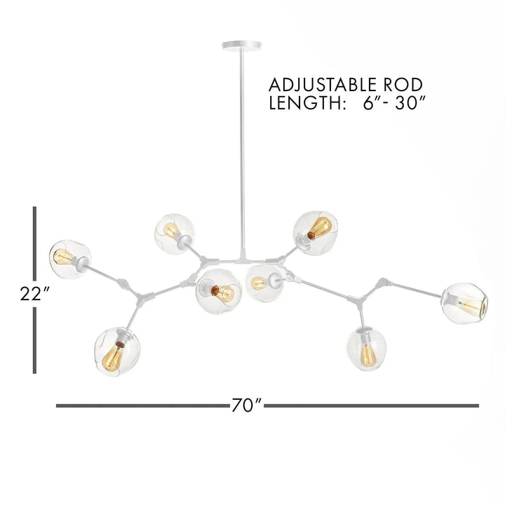 White globe chandelier diagram showing overall span, fixture height and adjustable suspension rod, Mid-Century Modern style