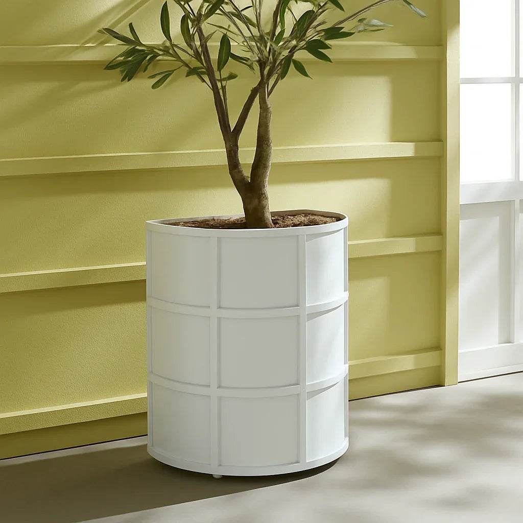 White powder-coated iron planter with olive tree on a patio, styled in a transitional outdoor setting beside a pale yellow wall.