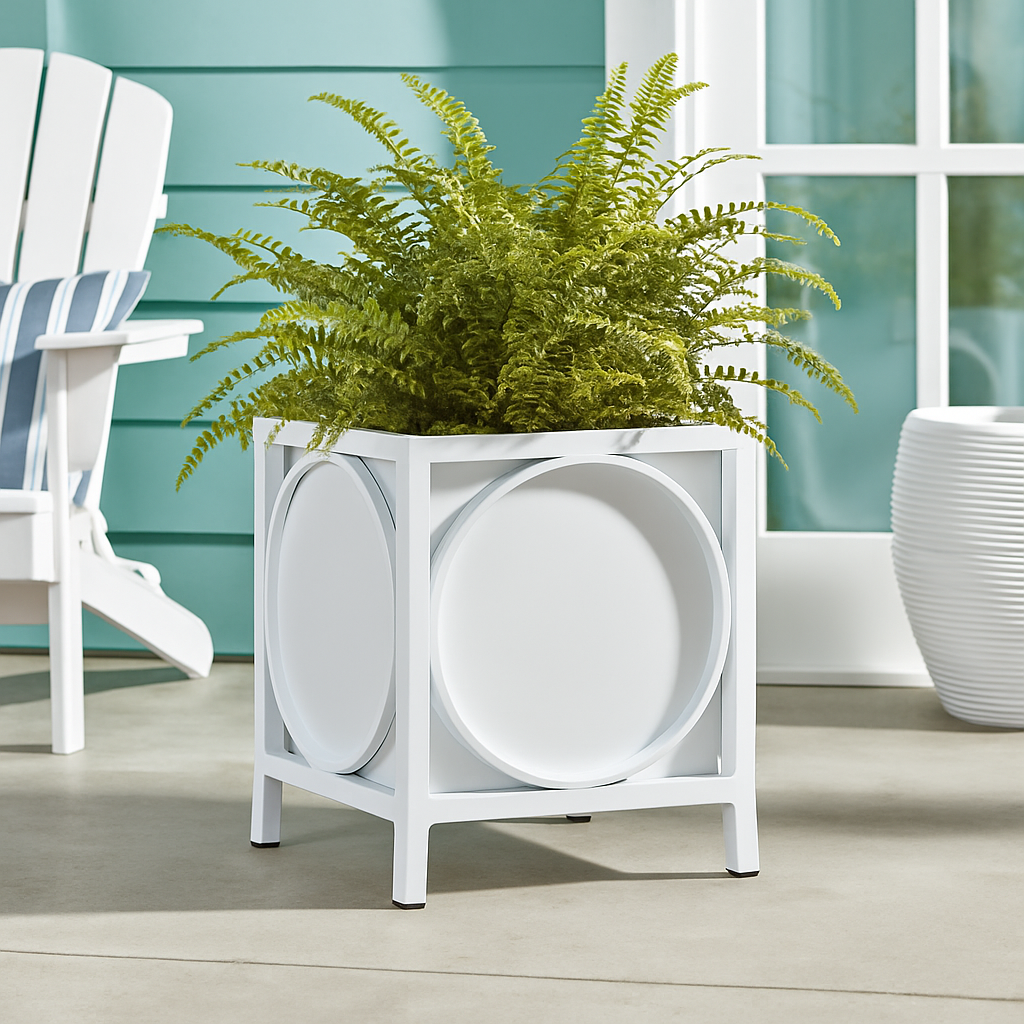 White metal planter with green fern styled on a sunlit coastal terrace beside a rattan chair and blue paneled wall.