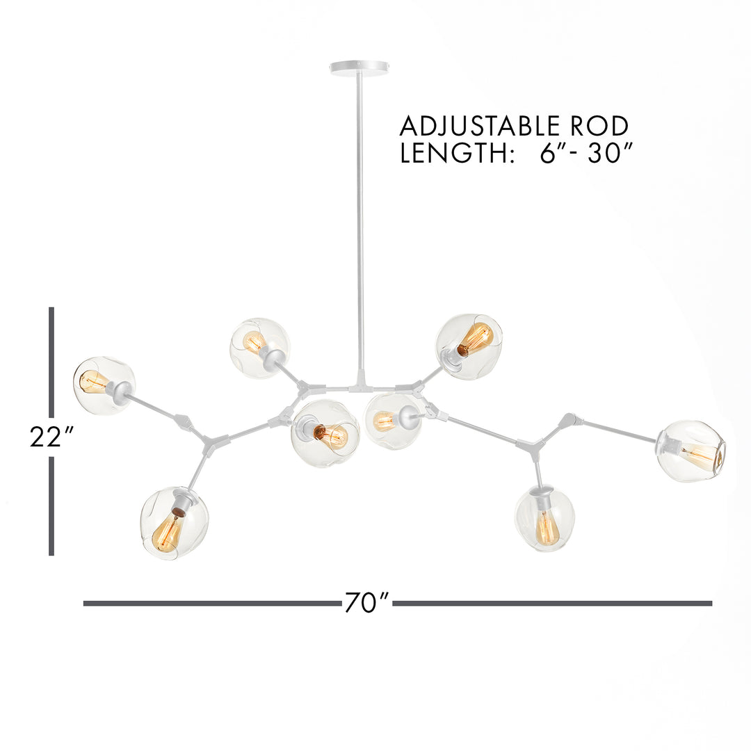 Dimensional diagram of white mid-century chandelier showing 70" width, 22" height, and adjustable rod length.
