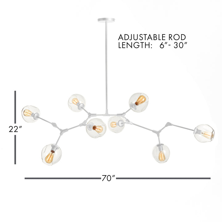 Dimensional diagram of white mid-century chandelier showing 70" width, 22" height, and adjustable rod length.
